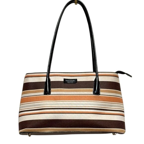 Vintage Kate Spade Striped Autumn Spice Brown Baguette Handbag Purse - Picture 2 of 14